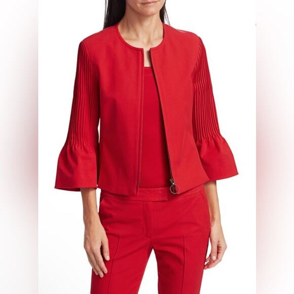 Akris Punto Pintuck Bell-Sleeve Cropped Jacket in Red Size 8 - Picture 1 of 13